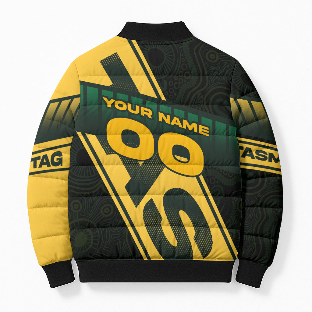Personalised Tasmania Oztag Bomber Puffer Jacket Black Gold Aboriginal Pattern