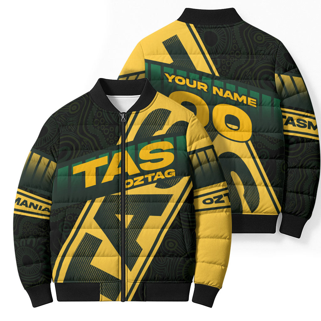 Personalised Tasmania Oztag Bomber Puffer Jacket Black Gold Aboriginal Pattern