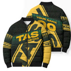 Personalised Tasmania Oztag Bomber Puffer Jacket Black Gold Aboriginal Pattern