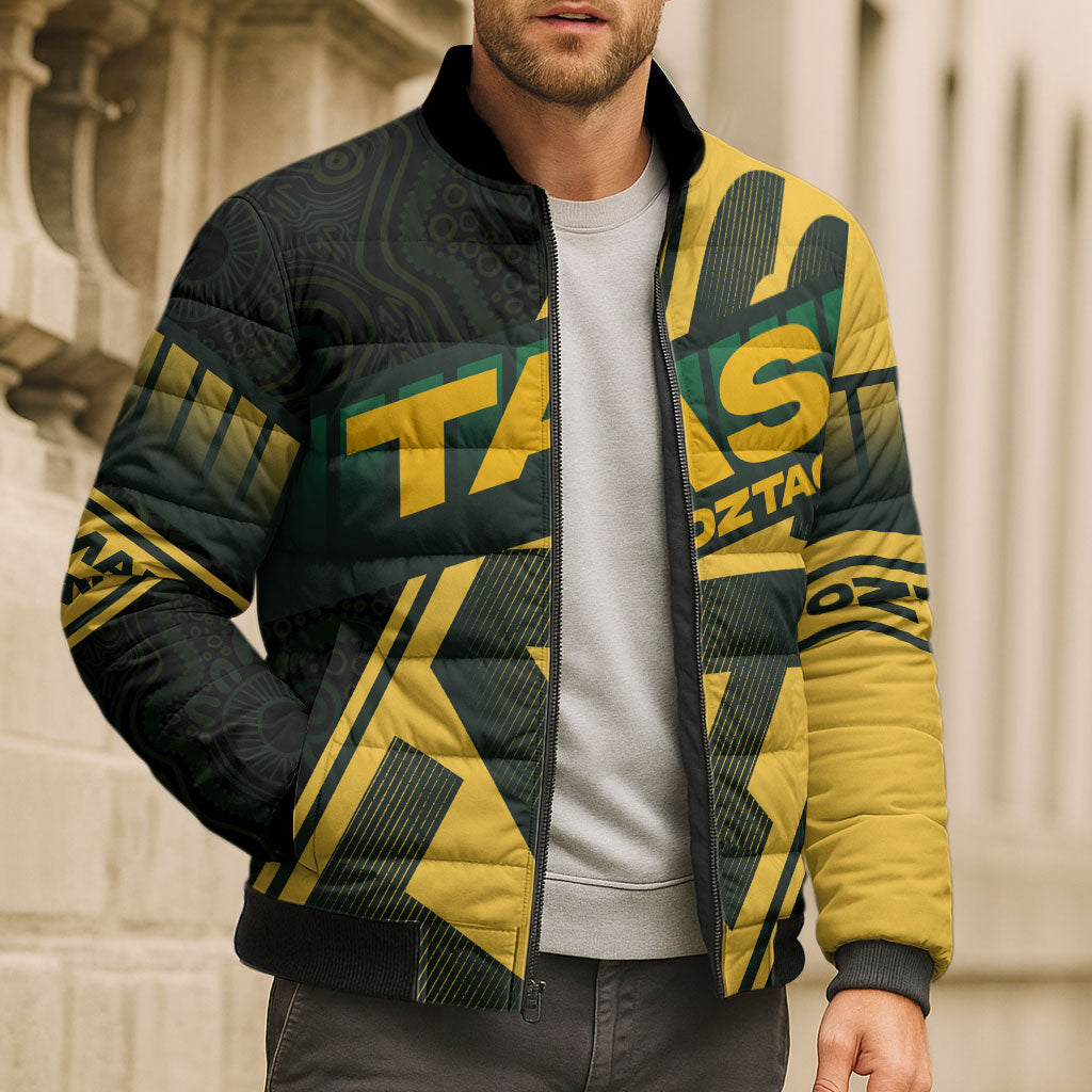 Personalised Tasmania Oztag Bomber Puffer Jacket Black Gold Aboriginal Pattern