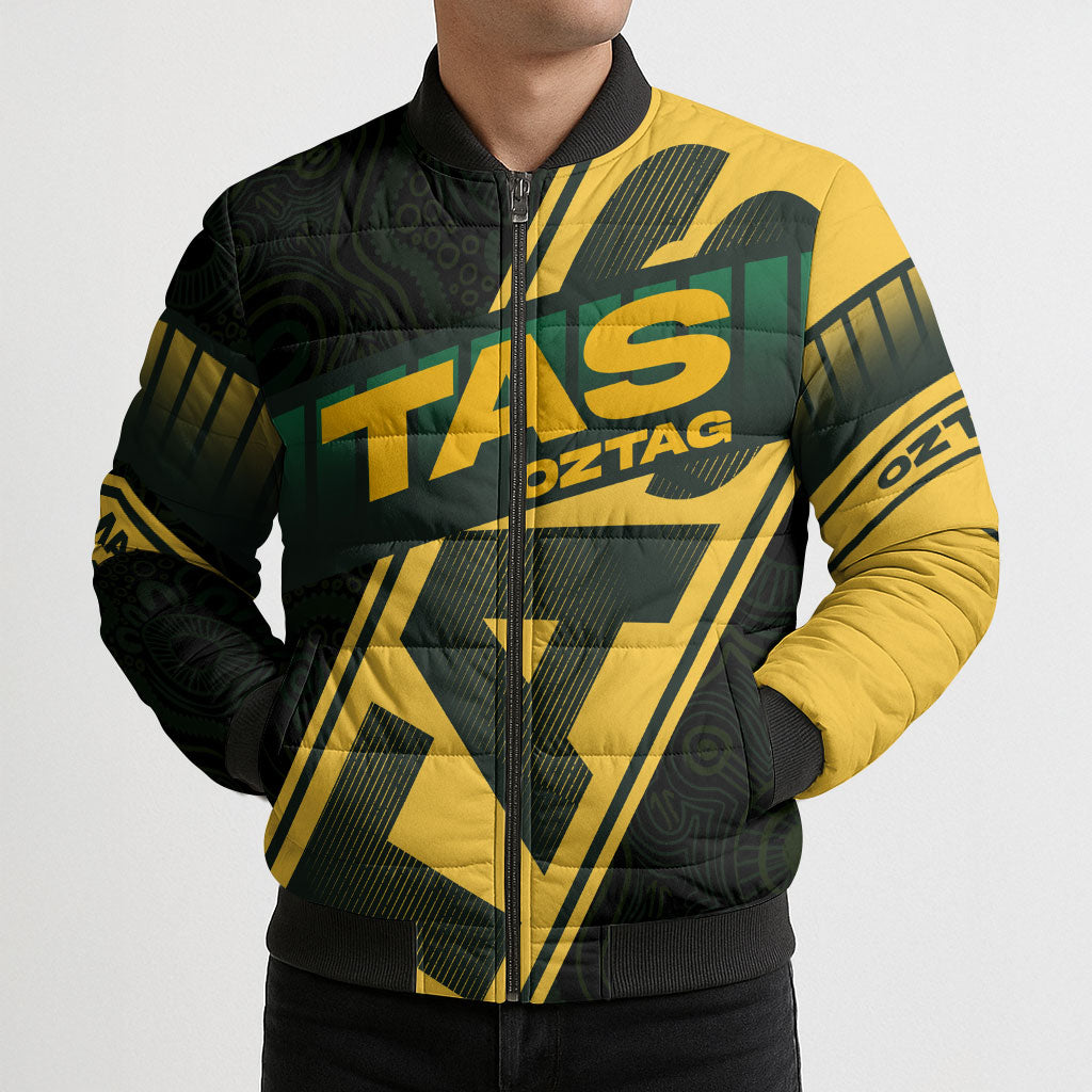 Personalised Tasmania Oztag Bomber Puffer Jacket Black Gold Aboriginal Pattern