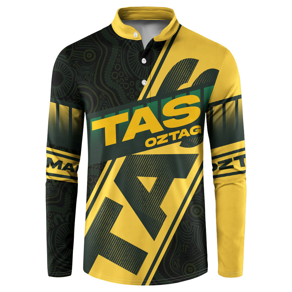 Personalised Tasmania Oztag Button Sweatshirt Black Gold Aboriginal Pattern