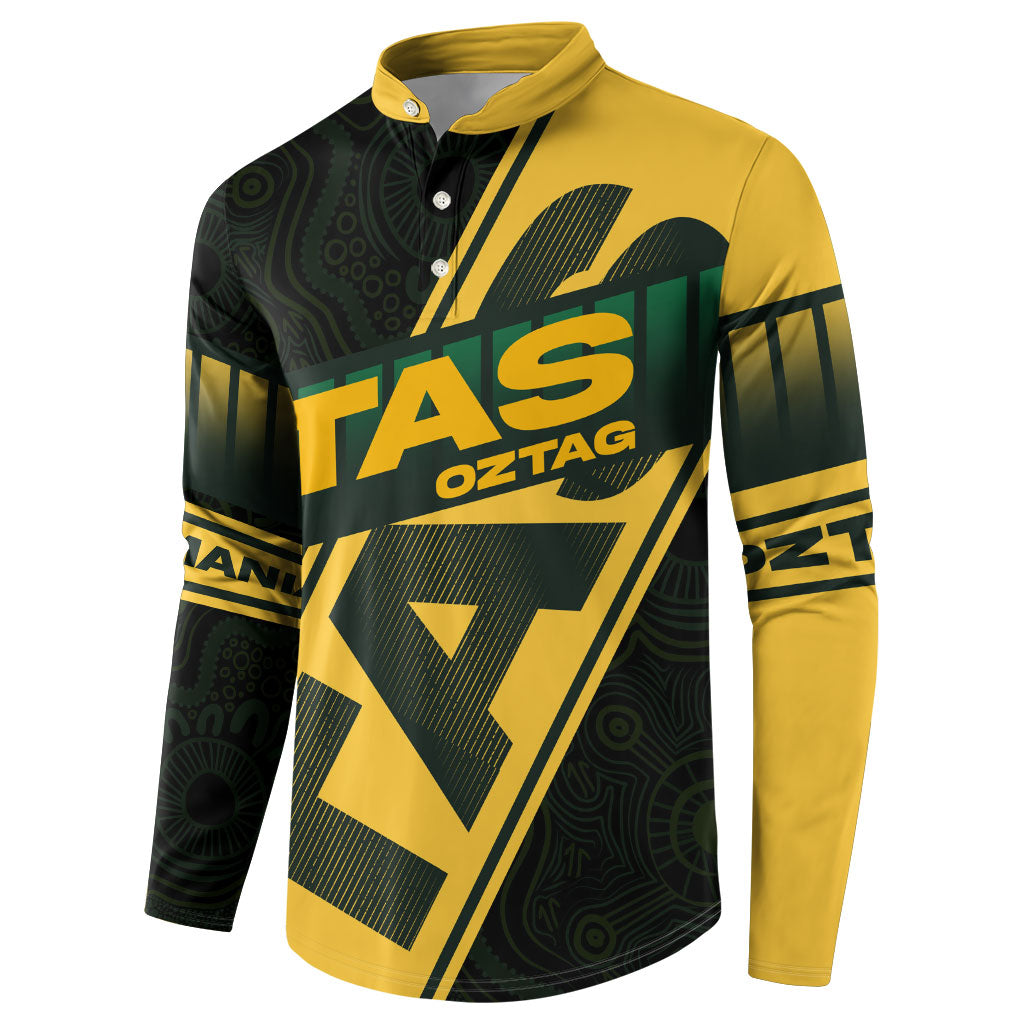 Personalised Tasmania Oztag Button Sweatshirt Black Gold Aboriginal Pattern