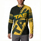 Personalised Tasmania Oztag Button Sweatshirt Black Gold Aboriginal Pattern