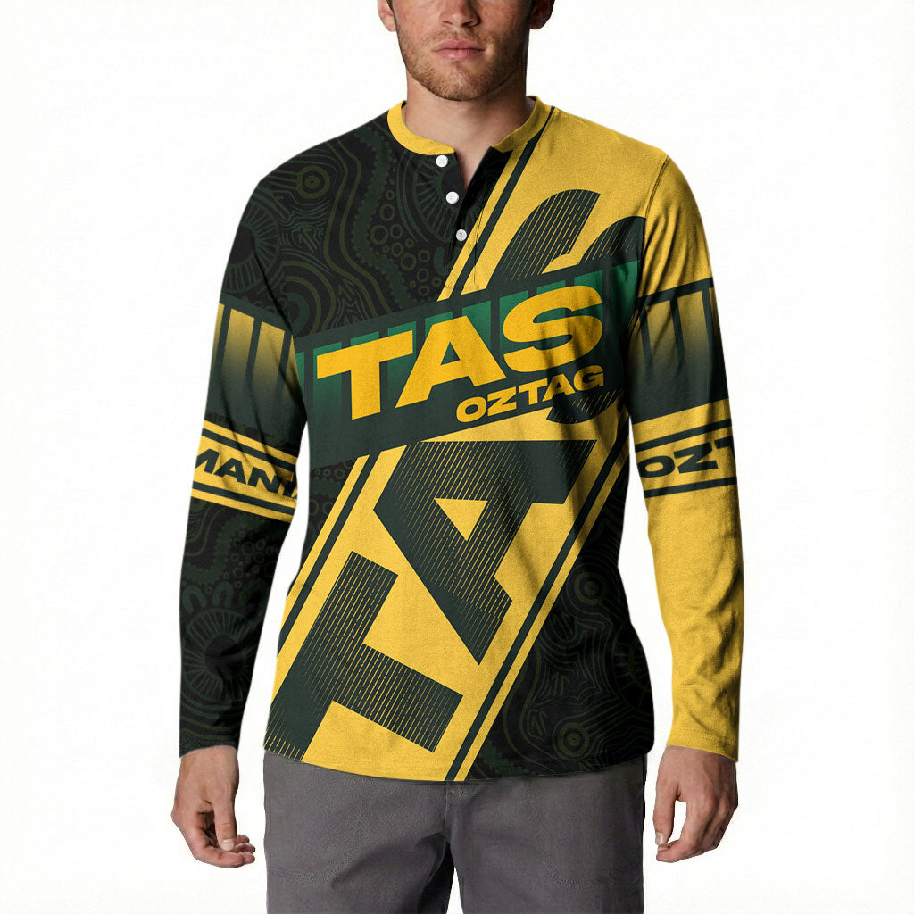 Personalised Tasmania Oztag Button Sweatshirt Black Gold Aboriginal Pattern