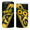 Personalised Tasmania Oztag 4 in 1 Can Cooler Tumbler Black Gold Aboriginal Pattern