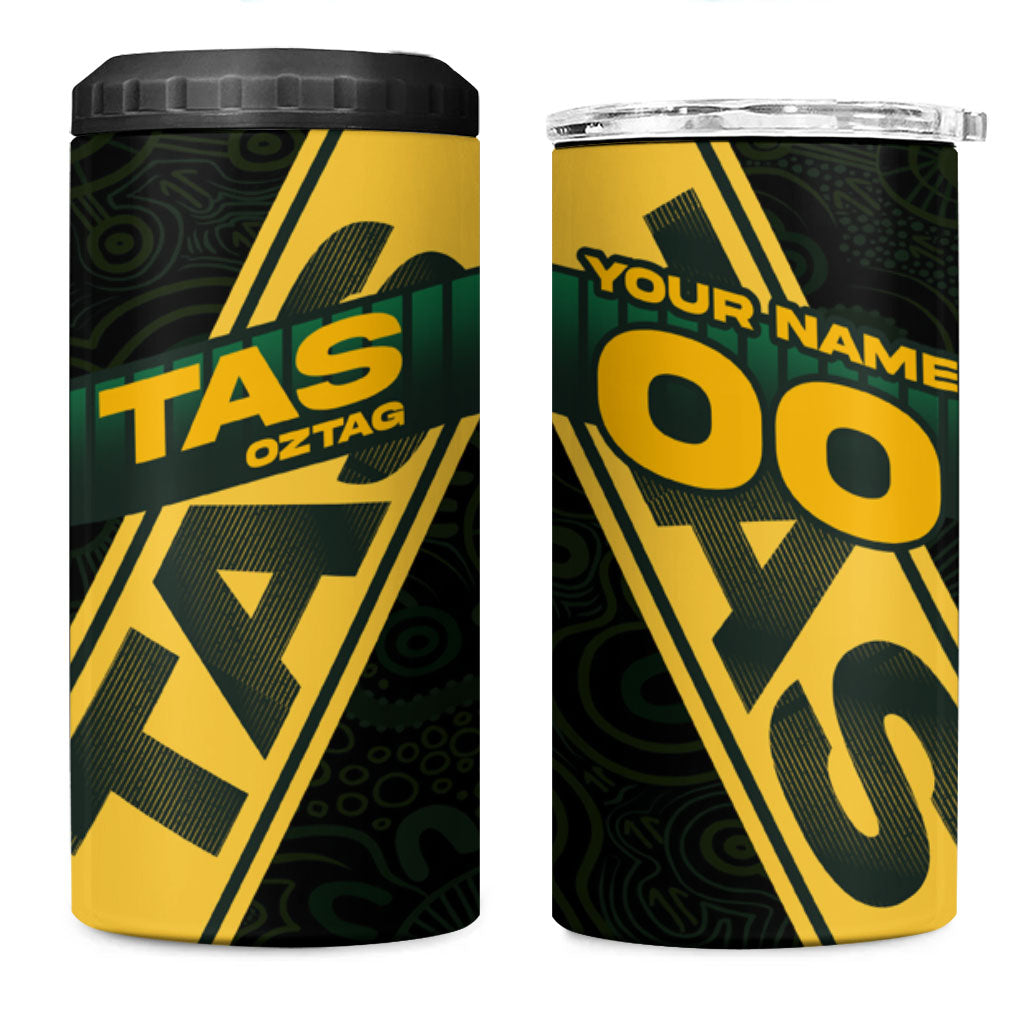 Personalised Tasmania Oztag 4 in 1 Can Cooler Tumbler Black Gold Aboriginal Pattern