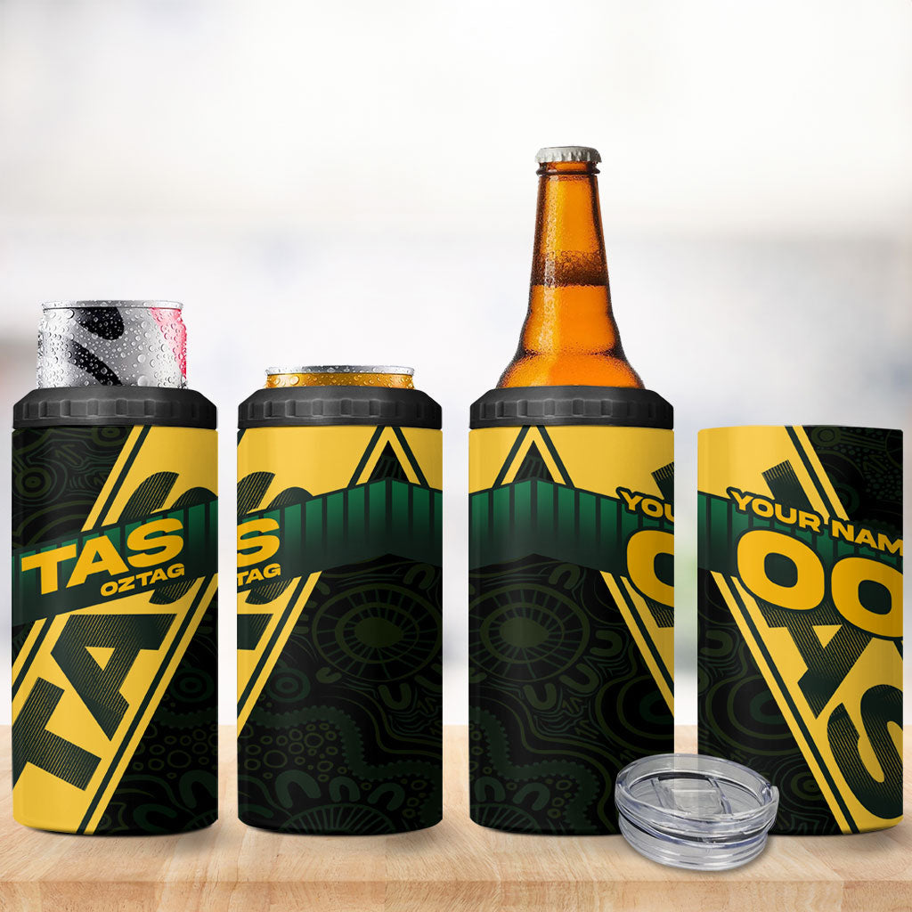 Personalised Tasmania Oztag 4 in 1 Can Cooler Tumbler Black Gold Aboriginal Pattern
