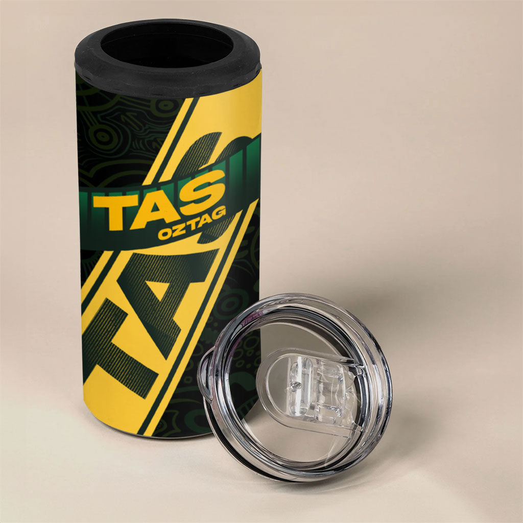 Personalised Tasmania Oztag 4 in 1 Can Cooler Tumbler Black Gold Aboriginal Pattern