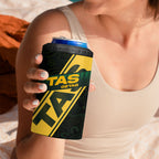 Personalised Tasmania Oztag 4 in 1 Can Cooler Tumbler Black Gold Aboriginal Pattern