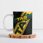 Personalised Tasmania Oztag Ceramic Mug Black Gold Aboriginal Pattern