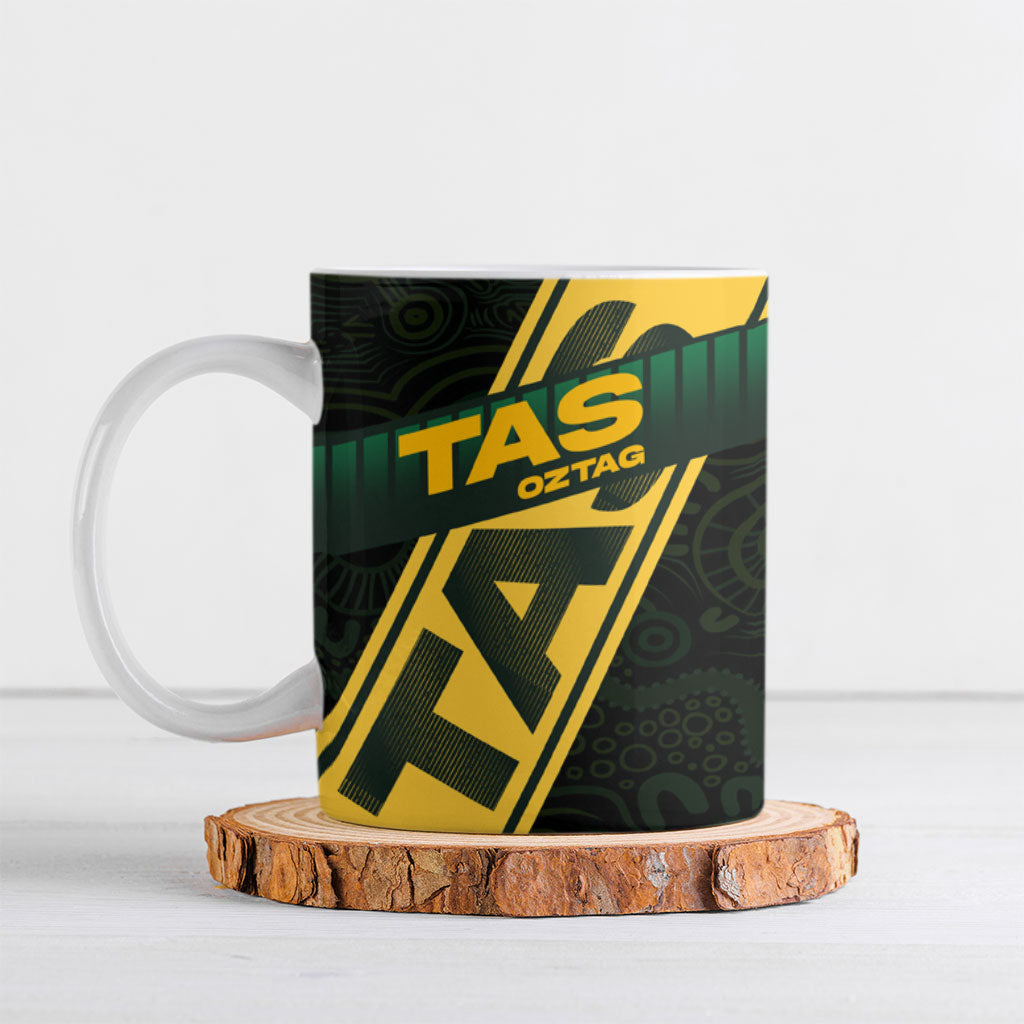 Personalised Tasmania Oztag Ceramic Mug Black Gold Aboriginal Pattern