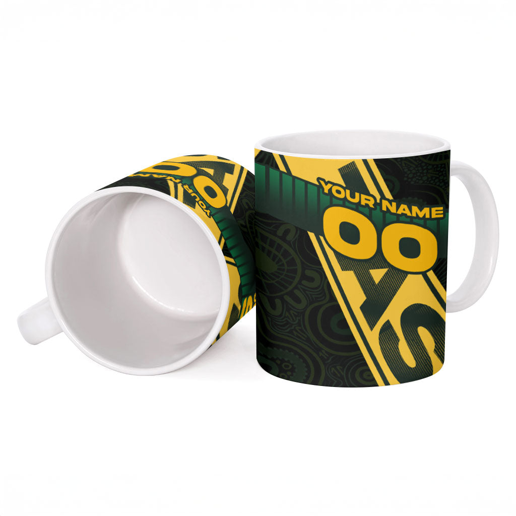 Personalised Tasmania Oztag Ceramic Mug Black Gold Aboriginal Pattern