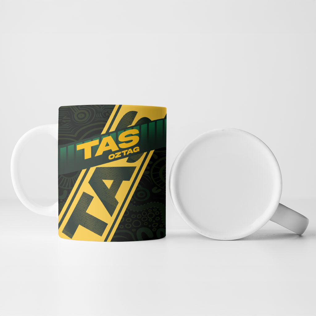 Personalised Tasmania Oztag Ceramic Mug Black Gold Aboriginal Pattern