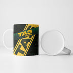 Personalised Tasmania Oztag Ceramic Mug Black Gold Aboriginal Pattern