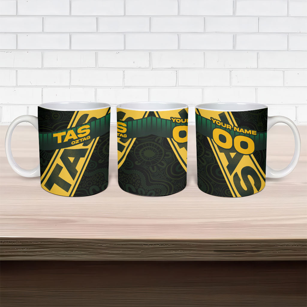Personalised Tasmania Oztag Ceramic Mug Black Gold Aboriginal Pattern