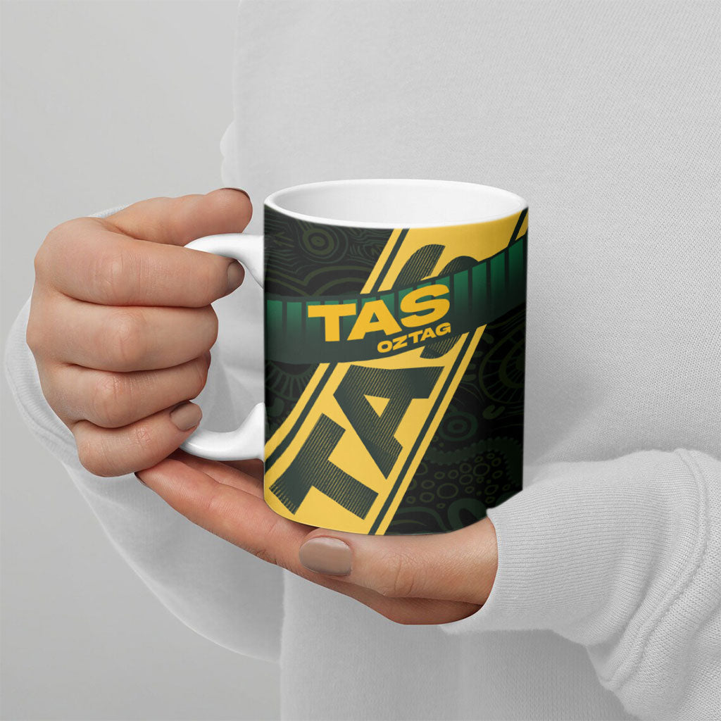 Personalised Tasmania Oztag Ceramic Mug Black Gold Aboriginal Pattern