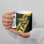Personalised Tasmania Oztag Ceramic Mug Black Gold Aboriginal Pattern