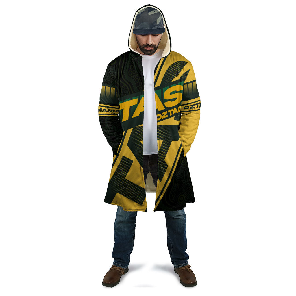 Personalised Tasmania Oztag Cloak Black Gold Aboriginal Pattern