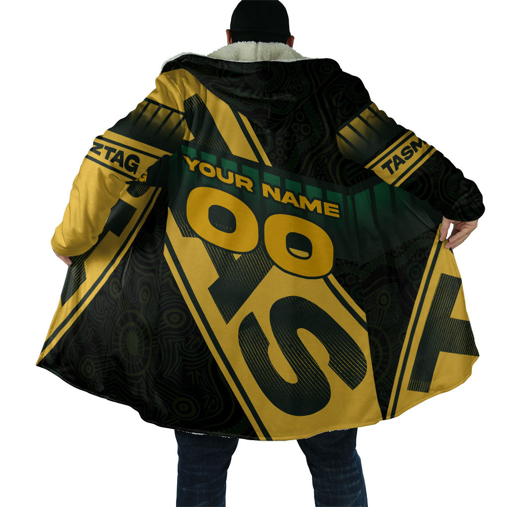 Personalised Tasmania Oztag Cloak Black Gold Aboriginal Pattern