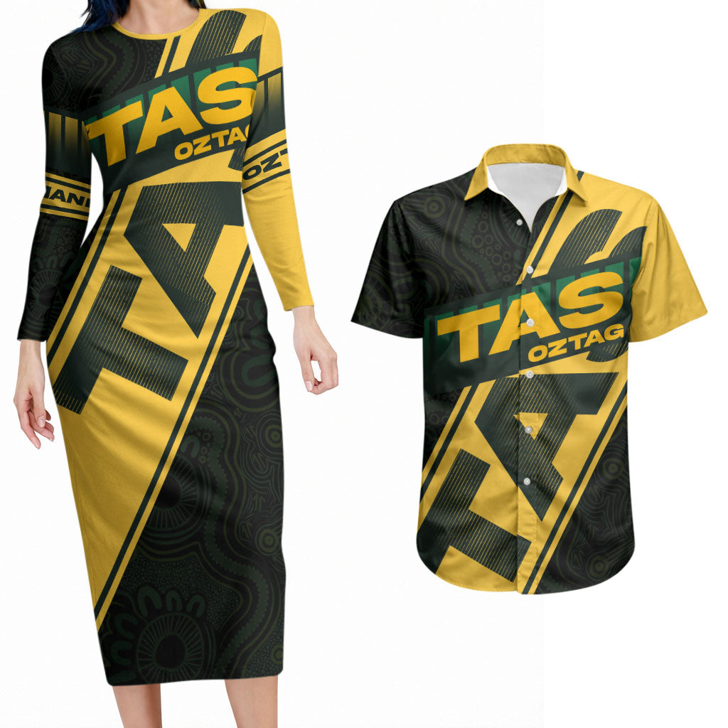Personalised Tasmania Oztag Couples Matching Long Sleeve Bodycon Dress and Hawaiian Shirt Black Gold Aboriginal Pattern