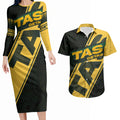 Personalised Tasmania Oztag Couples Matching Long Sleeve Bodycon Dress and Hawaiian Shirt Black Gold Aboriginal Pattern