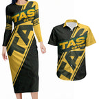 Personalised Tasmania Oztag Couples Matching Long Sleeve Bodycon Dress and Hawaiian Shirt Black Gold Aboriginal Pattern