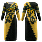Personalised Tasmania Oztag Couples Matching Long Sleeve Bodycon Dress and Hawaiian Shirt Black Gold Aboriginal Pattern