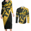 Personalised Tasmania Oztag Couples Matching Long Sleeve Bodycon Dress and Long Sleeve Button Shirt Black Gold Aboriginal Pattern