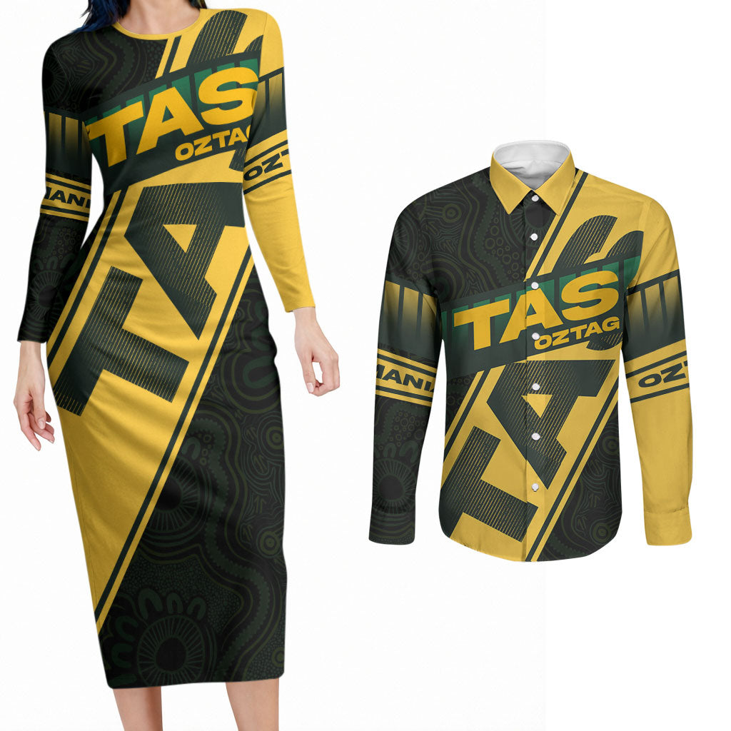 Personalised Tasmania Oztag Couples Matching Long Sleeve Bodycon Dress and Long Sleeve Button Shirt Black Gold Aboriginal Pattern
