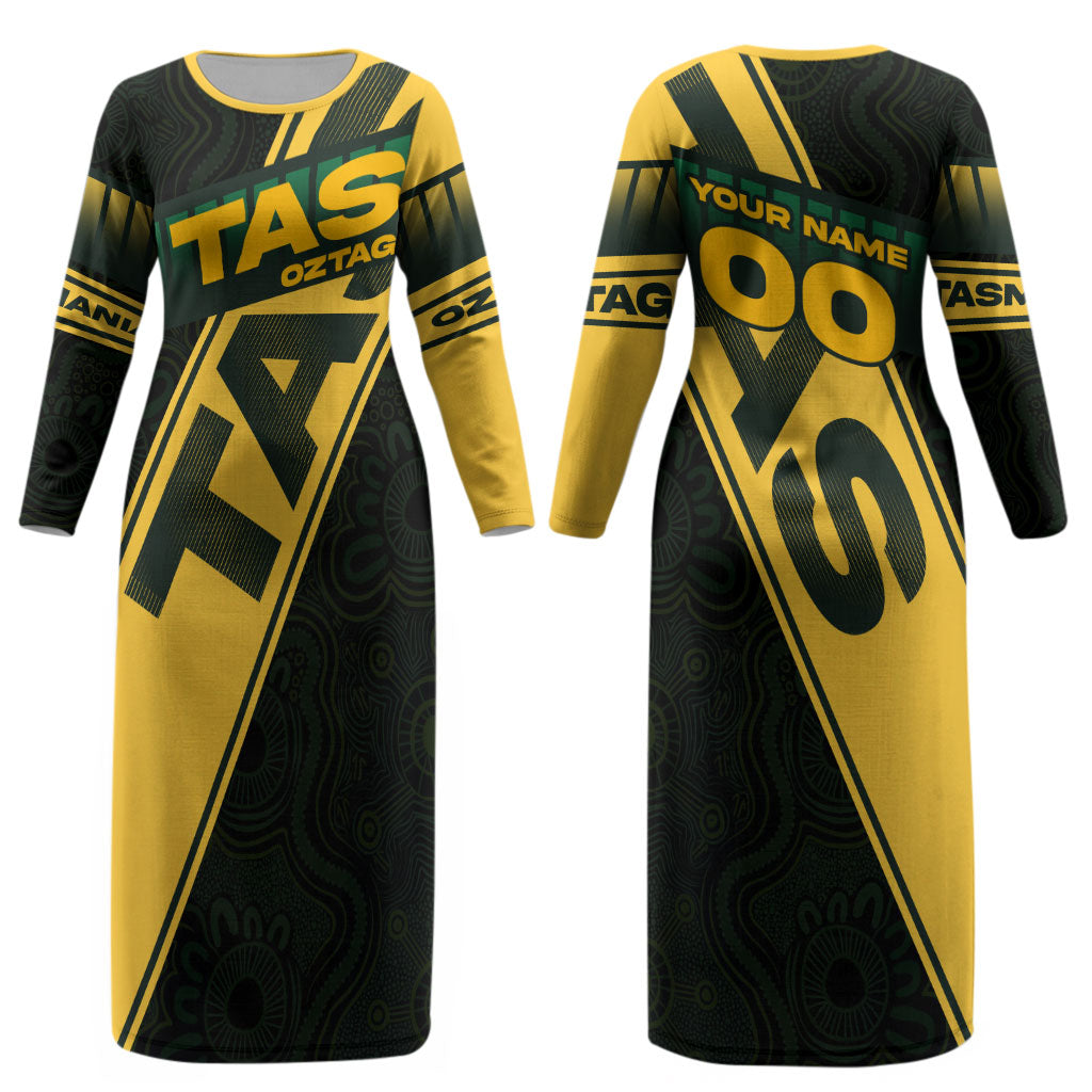 Personalised Tasmania Oztag Couples Matching Long Sleeve Bodycon Dress and Long Sleeve Button Shirt Black Gold Aboriginal Pattern