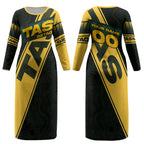 Personalised Tasmania Oztag Couples Matching Long Sleeve Bodycon Dress and Long Sleeve Button Shirt Black Gold Aboriginal Pattern