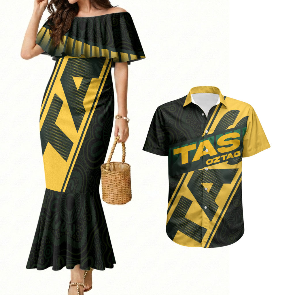 Personalised Tasmania Oztag Couples Matching Mermaid Dress and Hawaiian Shirt Black Gold Aboriginal Pattern