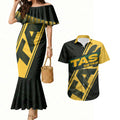 Personalised Tasmania Oztag Couples Matching Mermaid Dress and Hawaiian Shirt Black Gold Aboriginal Pattern