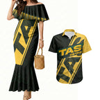 Personalised Tasmania Oztag Couples Matching Mermaid Dress and Hawaiian Shirt Black Gold Aboriginal Pattern