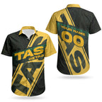 Personalised Tasmania Oztag Couples Matching Mermaid Dress and Hawaiian Shirt Black Gold Aboriginal Pattern