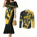Personalised Tasmania Oztag Couples Matching Mermaid Dress and Long Sleeve Button Shirt Black Gold Aboriginal Pattern