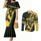 Personalised Tasmania Oztag Couples Matching Mermaid Dress and Long Sleeve Button Shirt Black Gold Aboriginal Pattern