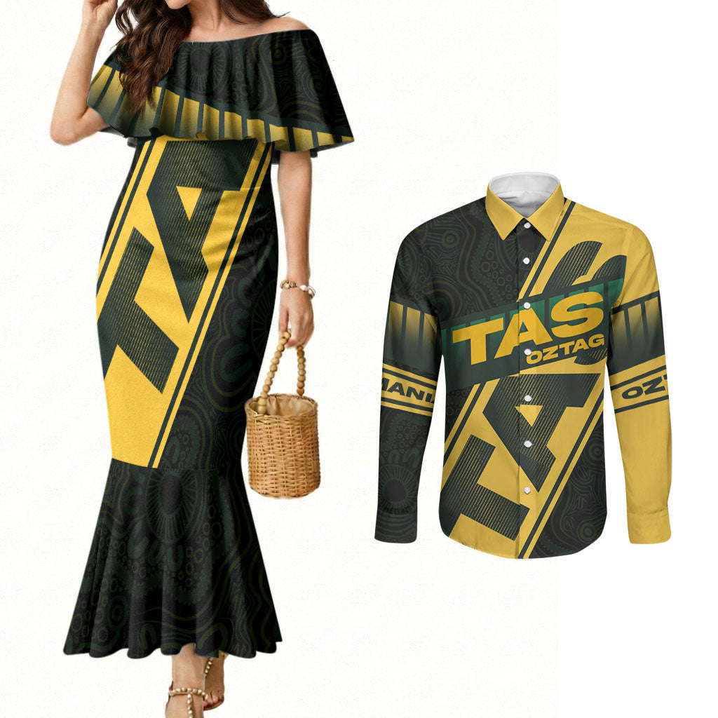 Personalised Tasmania Oztag Couples Matching Mermaid Dress and Long Sleeve Button Shirt Black Gold Aboriginal Pattern