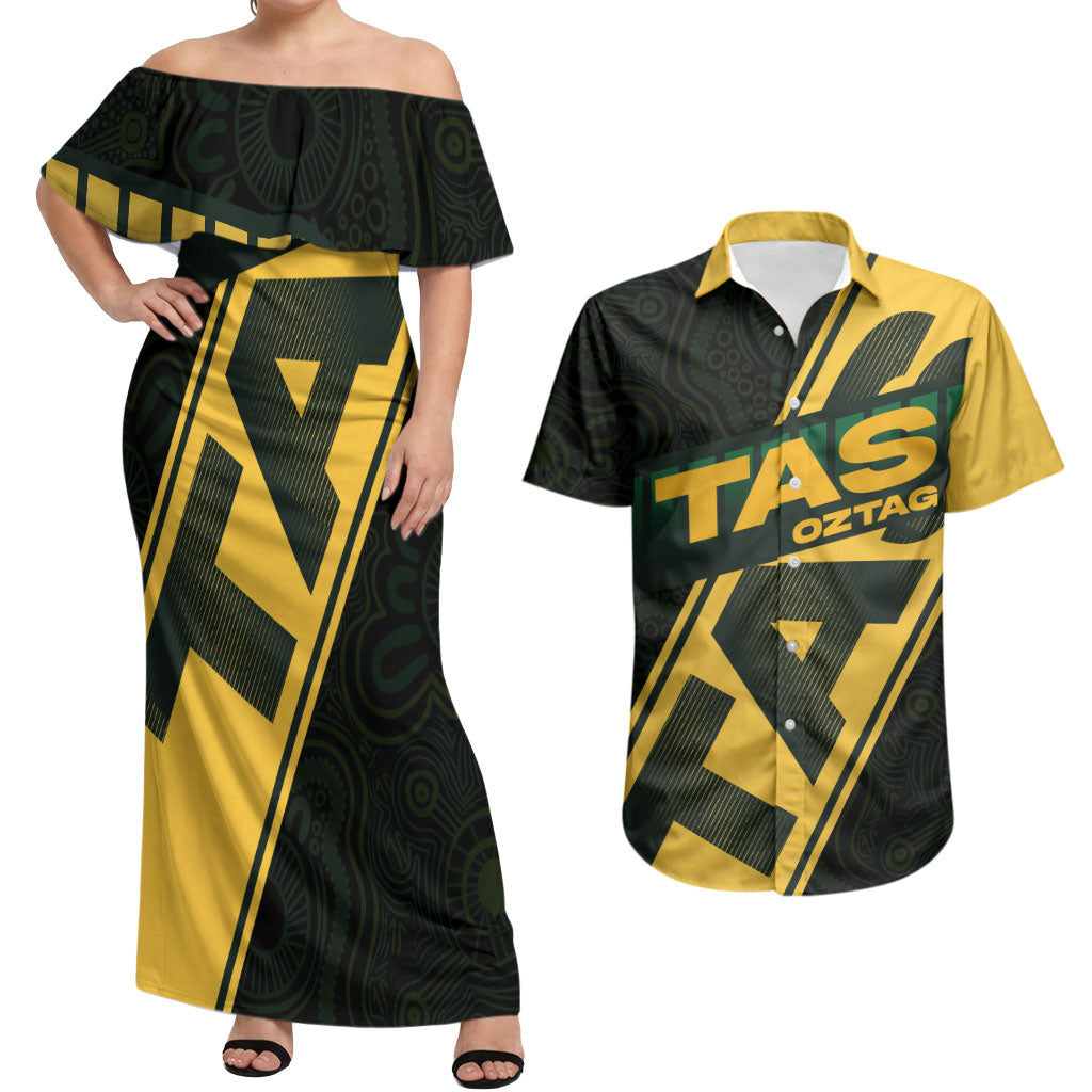 Personalised Tasmania Oztag Couples Matching Off Shoulder Maxi Dress and Hawaiian Shirt Black Gold Aboriginal Pattern