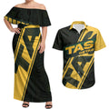 Personalised Tasmania Oztag Couples Matching Off Shoulder Maxi Dress and Hawaiian Shirt Black Gold Aboriginal Pattern