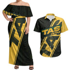 Personalised Tasmania Oztag Couples Matching Off Shoulder Maxi Dress and Hawaiian Shirt Black Gold Aboriginal Pattern