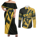 Personalised Tasmania Oztag Couples Matching Off Shoulder Maxi Dress and Long Sleeve Button Shirt Black Gold Aboriginal Pattern