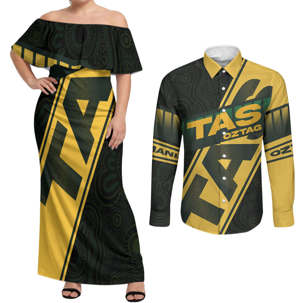 Personalised Tasmania Oztag Couples Matching Off Shoulder Maxi Dress and Long Sleeve Button Shirt Black Gold Aboriginal Pattern