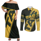 Personalised Tasmania Oztag Couples Matching Off Shoulder Maxi Dress and Long Sleeve Button Shirt Black Gold Aboriginal Pattern