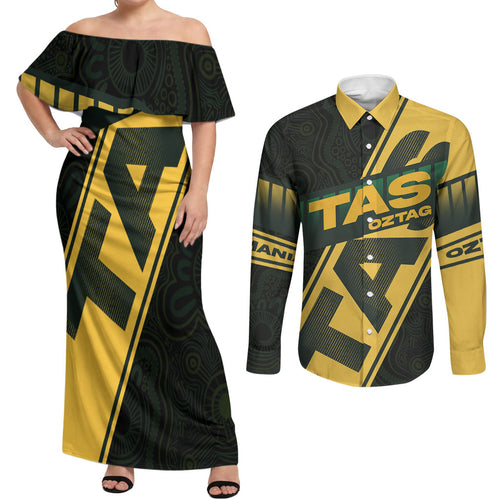Personalised Tasmania Oztag Couples Matching Off Shoulder Maxi Dress and Long Sleeve Button Shirt Black Gold Aboriginal Pattern