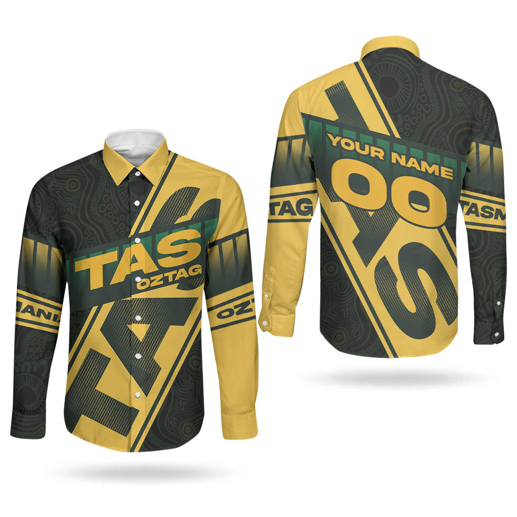 Personalised Tasmania Oztag Couples Matching Off Shoulder Maxi Dress and Long Sleeve Button Shirt Black Gold Aboriginal Pattern