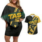 Personalised Tasmania Oztag Couples Matching Off Shoulder Short Dress and Hawaiian Shirt Black Gold Aboriginal Pattern