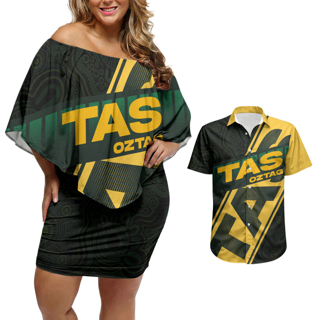 Personalised Tasmania Oztag Couples Matching Off Shoulder Short Dress and Hawaiian Shirt Black Gold Aboriginal Pattern