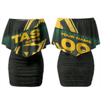Personalised Tasmania Oztag Couples Matching Off Shoulder Short Dress and Hawaiian Shirt Black Gold Aboriginal Pattern